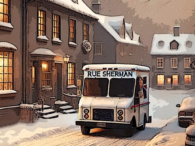 Postwagen auf verschneiter Straße Illustration eines Postwagens auf einer verschneiten Straße, umgeben von beleuchteten Häusern in winterlicher Abendstimmung.