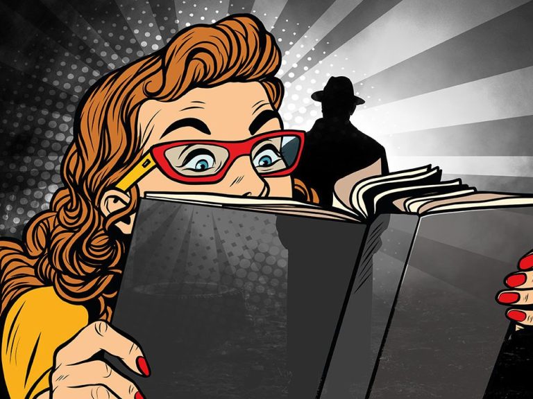 Illustration: Frau mit Buch und geheimnisvollem Schatten Pop-Art-Illustration einer Frau mit roter Brille, die gebannt in ein Buch schaut, im Hintergrund eine Silhouette mit Hut und Mantel