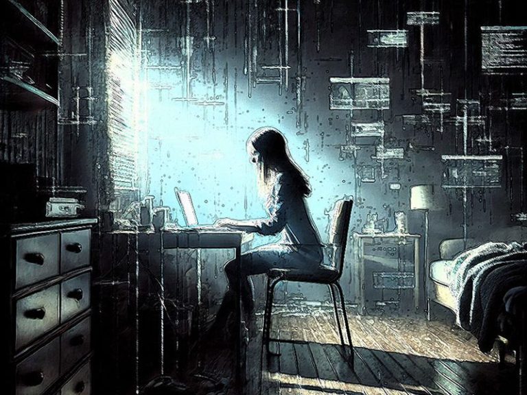 Junge Frau vor Laptop in abgedunkeltem Raum Illustration einer jungen Frau, die in einem schummrigen Raum an einem Laptop sitzt, umgeben von digital wirkenden Elementen an den Wänden.